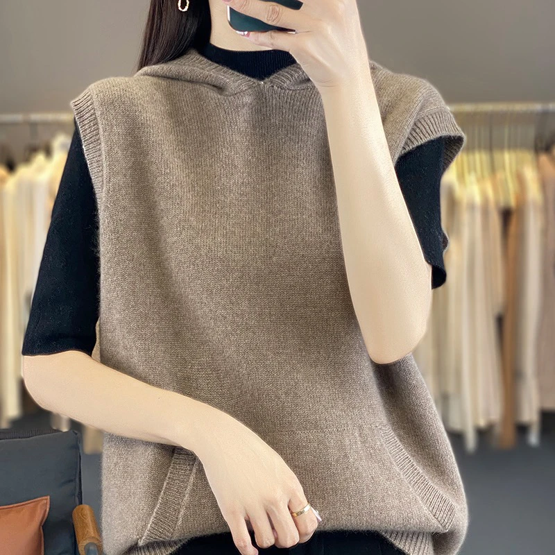 RD-9605已开价 100%纯羊毛衫无袖连帽卫衣 带兜针织休闲马甲宽松