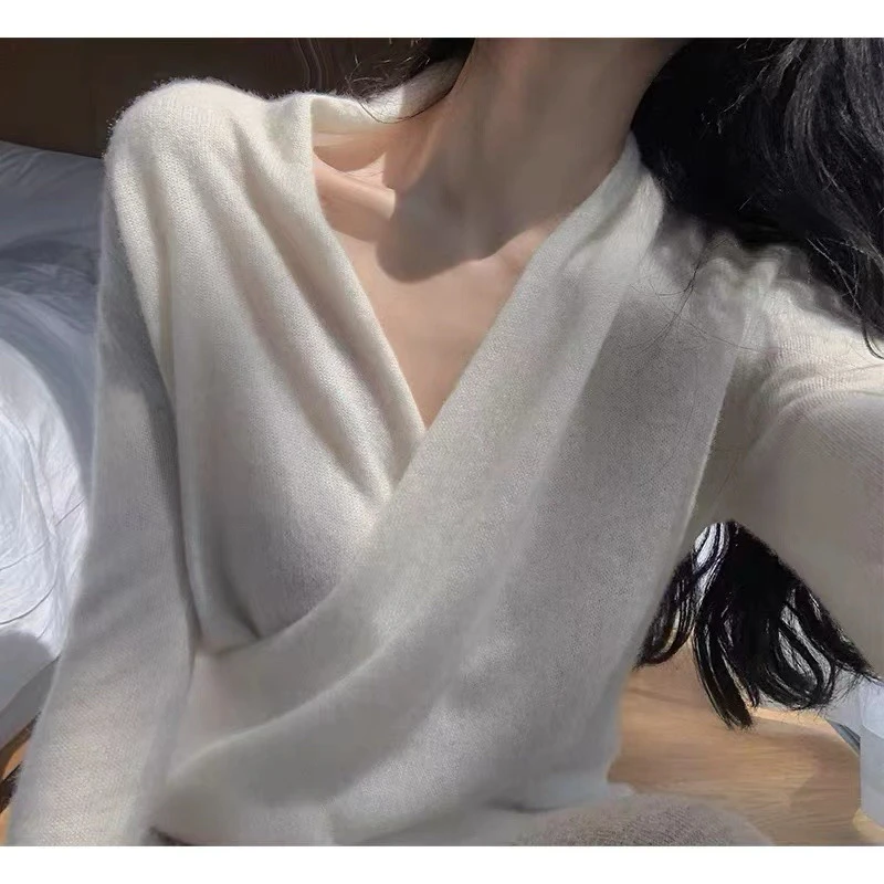 SW10已开价 100%纯羊毛衫交叉叠领针织衫欲女风V领毛衣长袖上衣