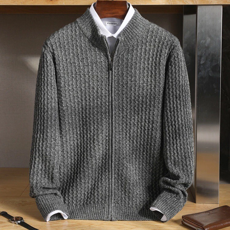 现货DJ-2222！男士100%纯羊毛开衫半高领拉链花纱针织毛衣外套加厚