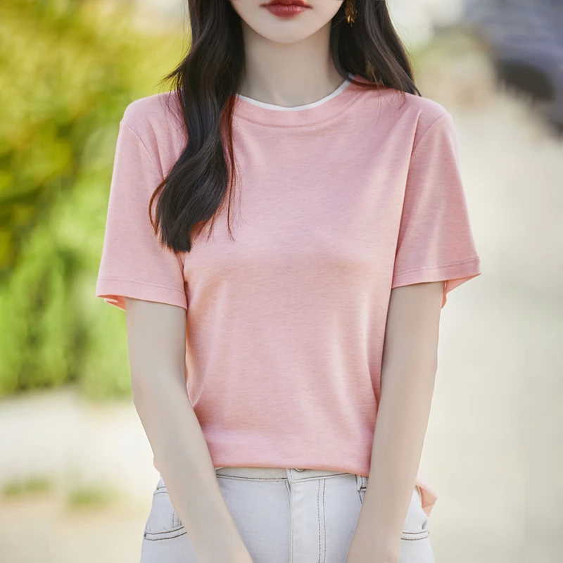 Z155W价已开，真 丝莱赛尔假两件撞色短袖针织衫女夏季T恤薄款时尚