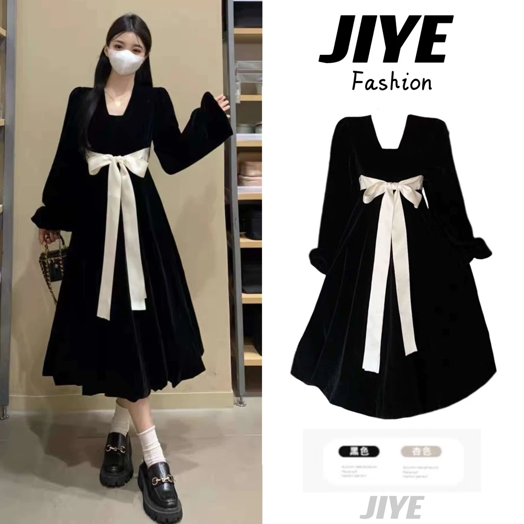 大码胖mm法式赫本风黑色连衣裙女秋冬新款蝴蝶结收腰显瘦丝绒裙子