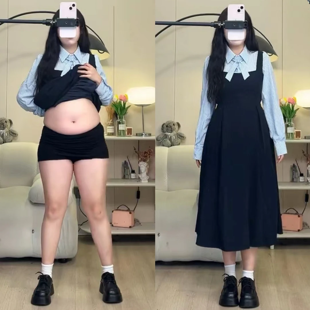 大码长袖连衣裙女秋冬收腰显瘦假两件长裙胖MM小众POLO领气质裙子