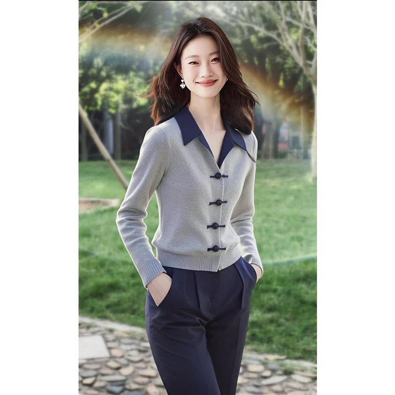 新中式国风灰色翻领毛衣针织开衫女2024新款深秋初冬穿搭韩系上衣
