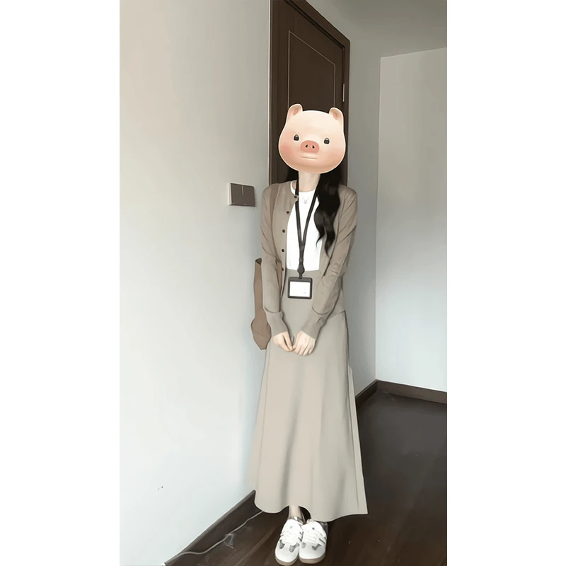 秋日派套装 燕麦色半身裙女中长款2024早秋季高腰A字百搭咖色长裙