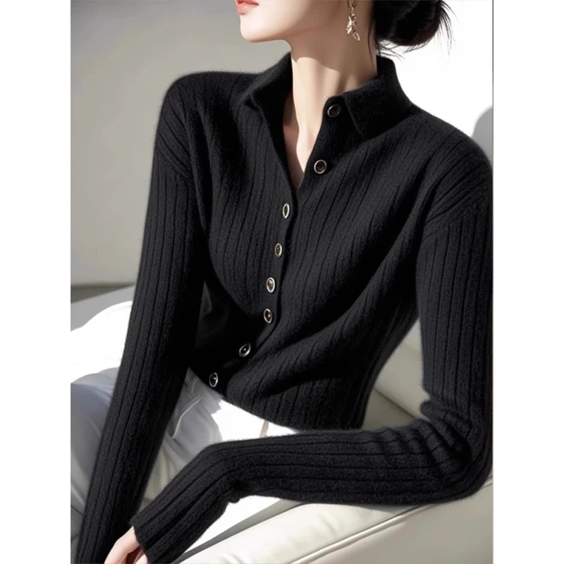 高领扣子毛衣针织衫上衣冬2024新款高级感修身显瘦内搭打底小衫女