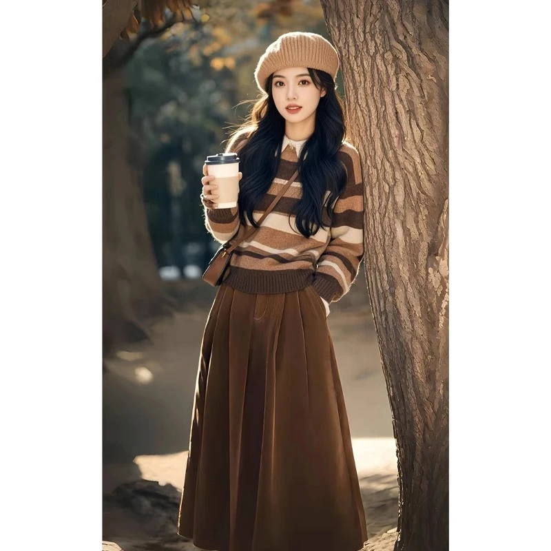 法式美拉德慵懒风软糯复古针织条纹毛衣女小众宽松显瘦半身裙套装