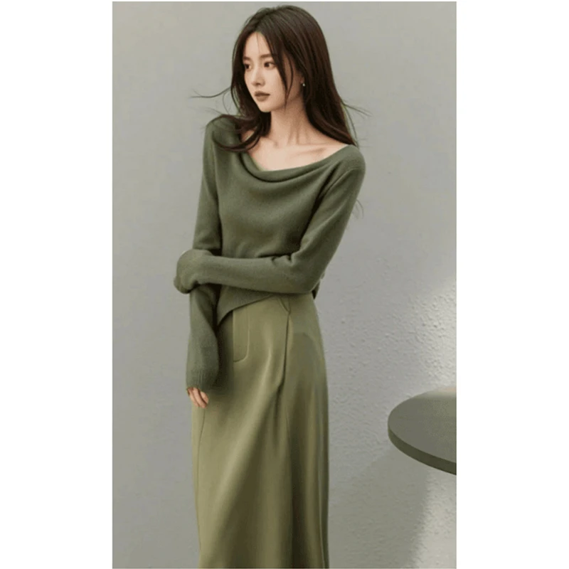 2024年早秋新款时尚韩系氛围感穿搭绿色上衣连衣裙套装秋装女款