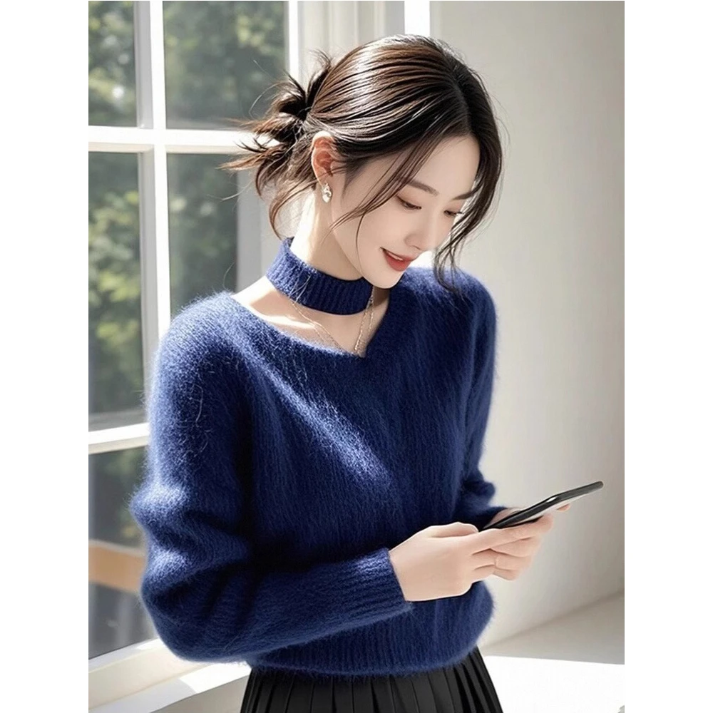 蓝色软糯毛衣秋冬新款设计感小众高级感气质内搭针织上衣女