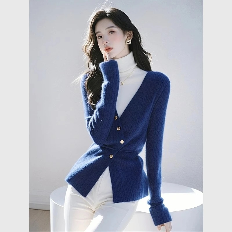 韩系chic别致假两件深蓝色高领毛衣女2024冬季收腰显瘦针织衫上衣