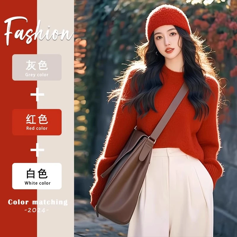 红色宽松软糯加厚针织衫本命年毛衣女款2024新款秋冬季慵懒风上衣