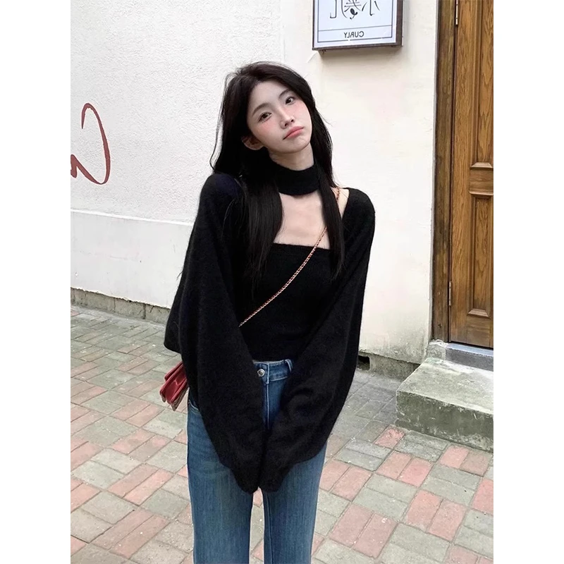 黑色方领挂脖针织抹胸背心女秋冬高级感软糯毛衣开衫气质两件套