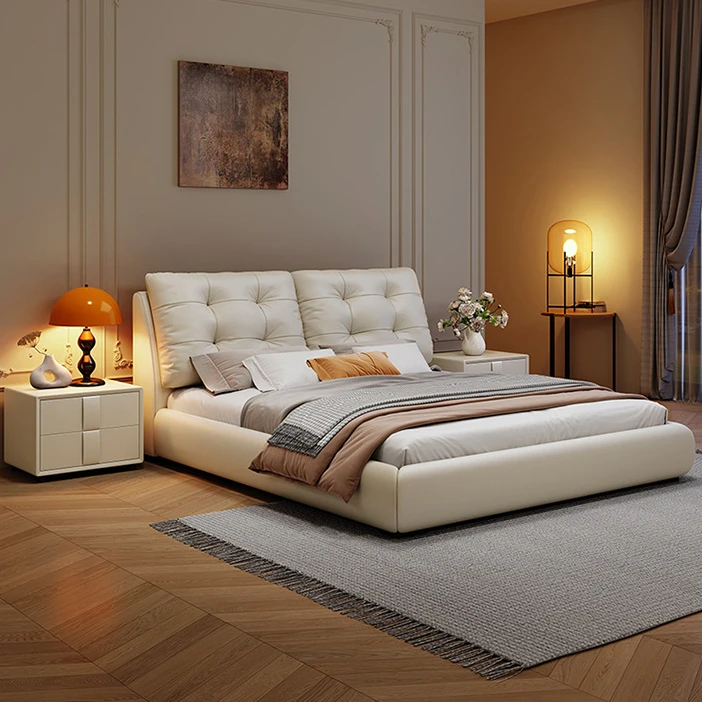 现代简约棉花糖软包皮艺床主卧室大床意式极简轻奢落地婚床