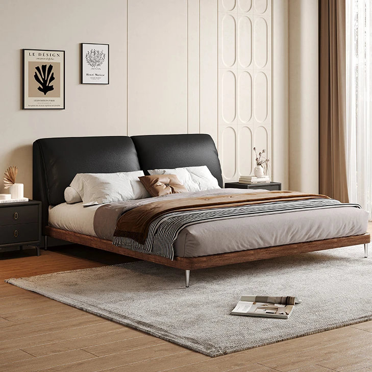 主卧高档大象耳朵床真皮复古意式极简中古风现代简约全实木双人床
