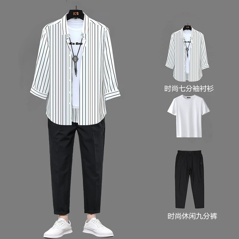 三件套夏季短袖衬衫男士夏装套装搭配痞帅气条纹衬衣宽松休闲套装
