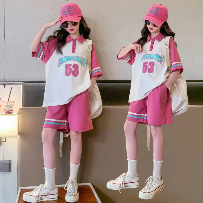 套装上衣童装洋气时尚夏季宽松夏装网红中大童假两件印花韩版撞色