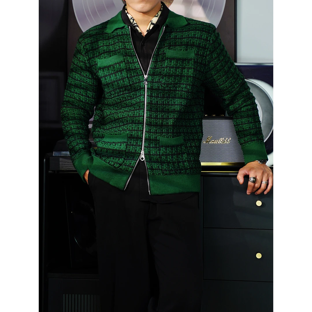 男士休闲精纺羊毛混纺长袖外套时尚翻领四口袋拉链小香风夹克