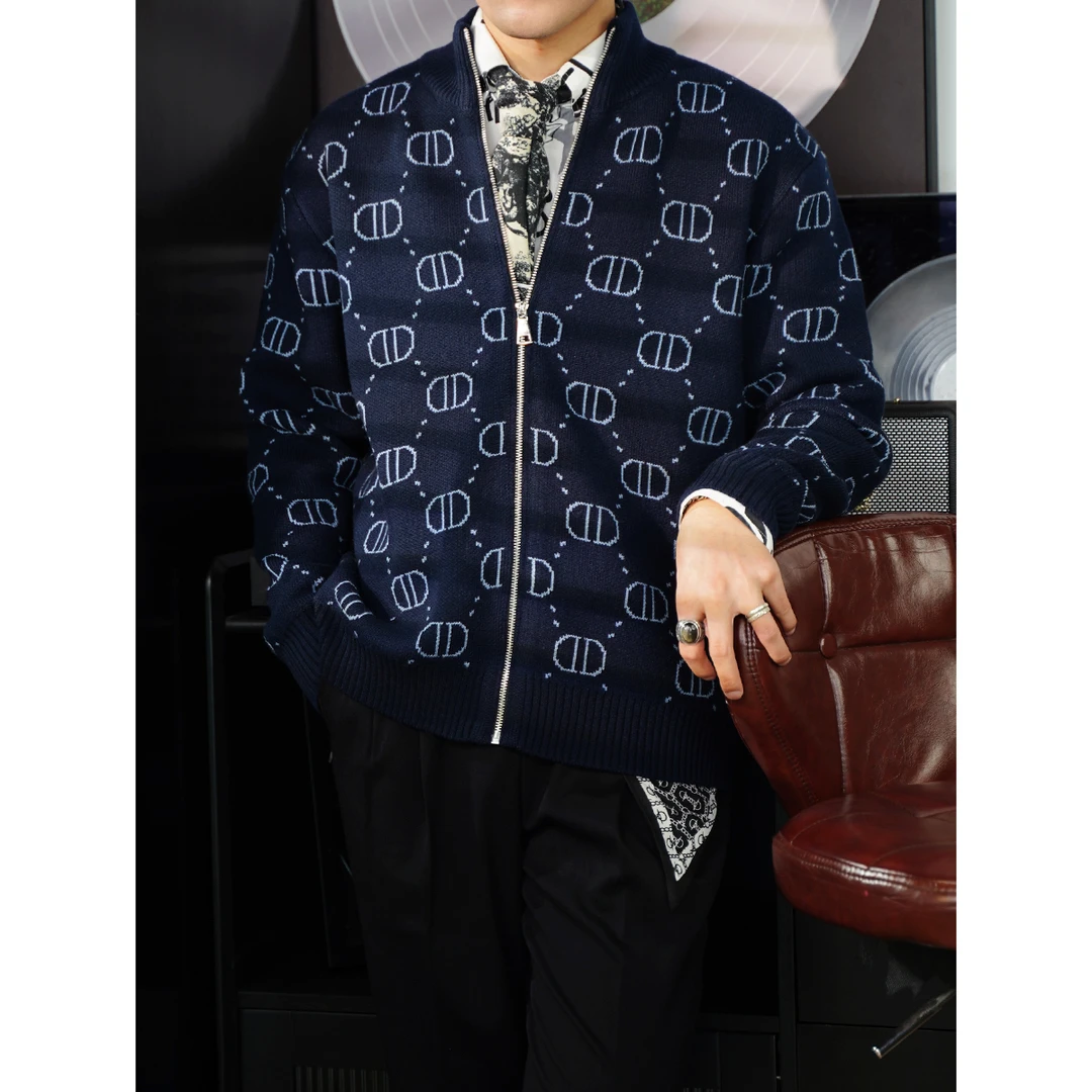 男士休闲轻奢羊毛混纺加厚双面提花针织外套宽松复古秋冬针织开衫