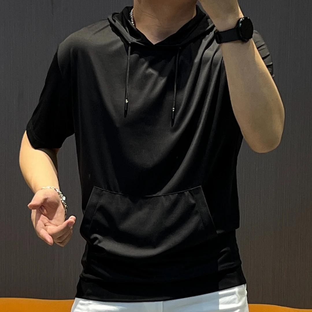 黑色T恤男士帽衫连帽短袖潮流夏季套头烫印休闲时尚个性百搭透气