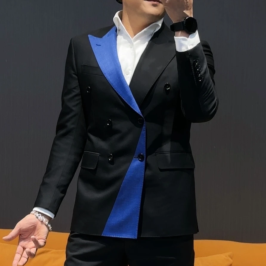 湖蓝拼接高定西服男士个性时尚私服西装高端休闲商务男装轻奢礼服