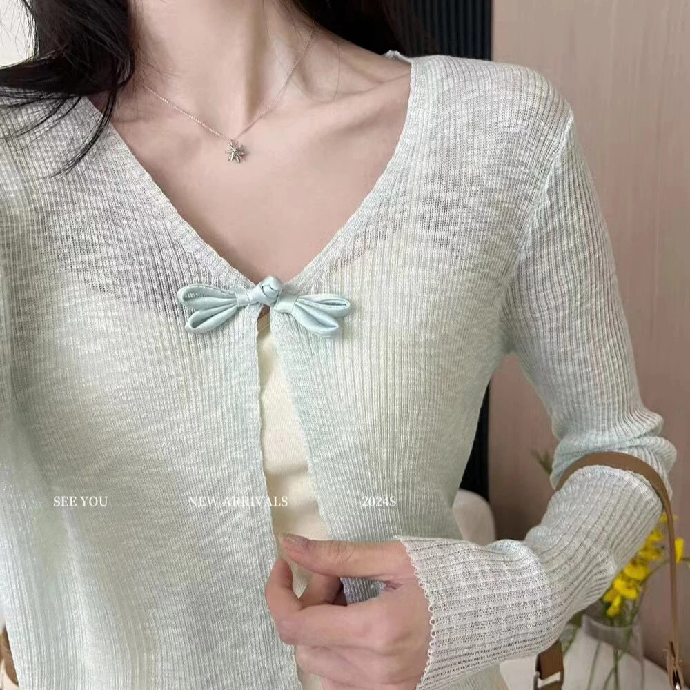 夏季长袖披肩短款清新薄款坎肩空调防晒罩衫冰丝针织开衫外套上衣