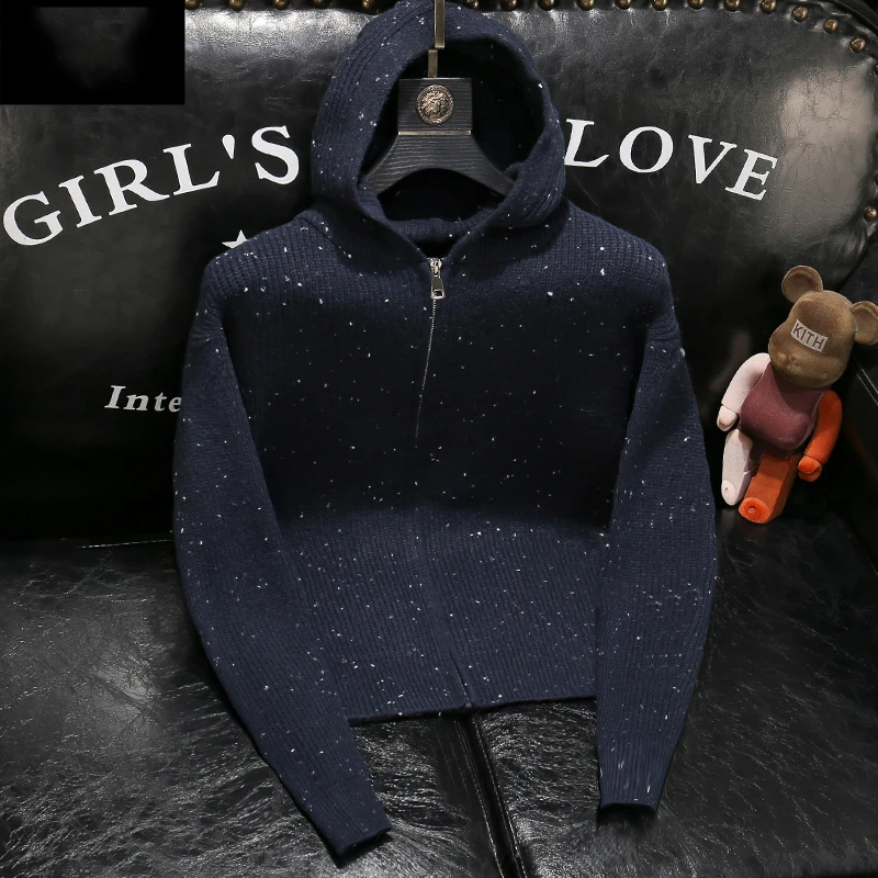 欧货秋季新款韩版男装休闲百搭撞色拉链连帽男士毛衣潮牌针织外套