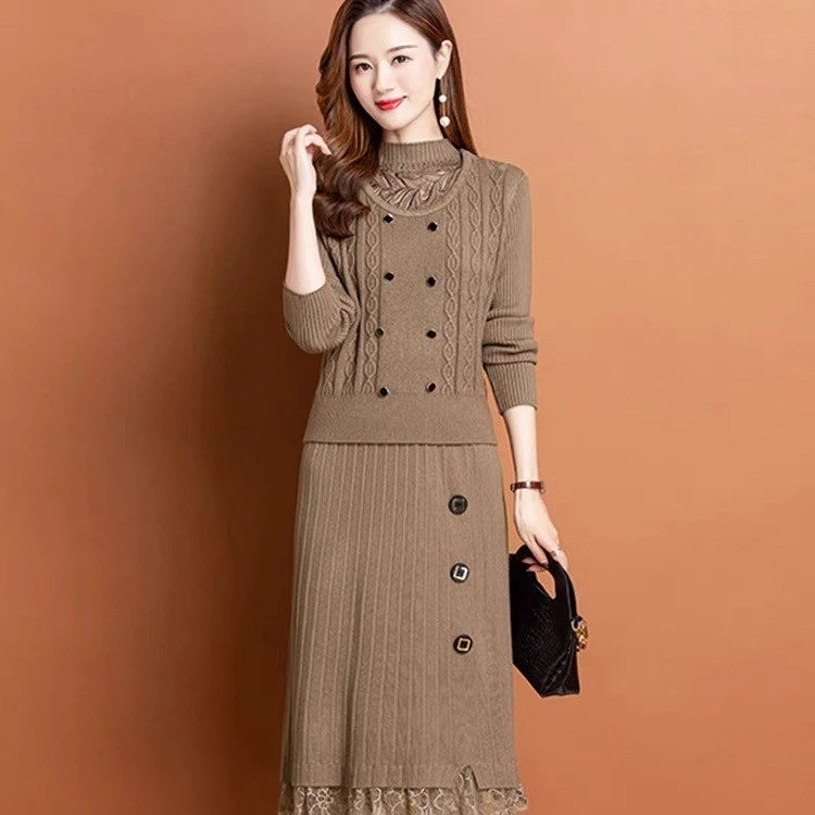初秋时尚减龄显瘦两件套洋气针织舒适宽松女士裙子气质纯色裙裙子