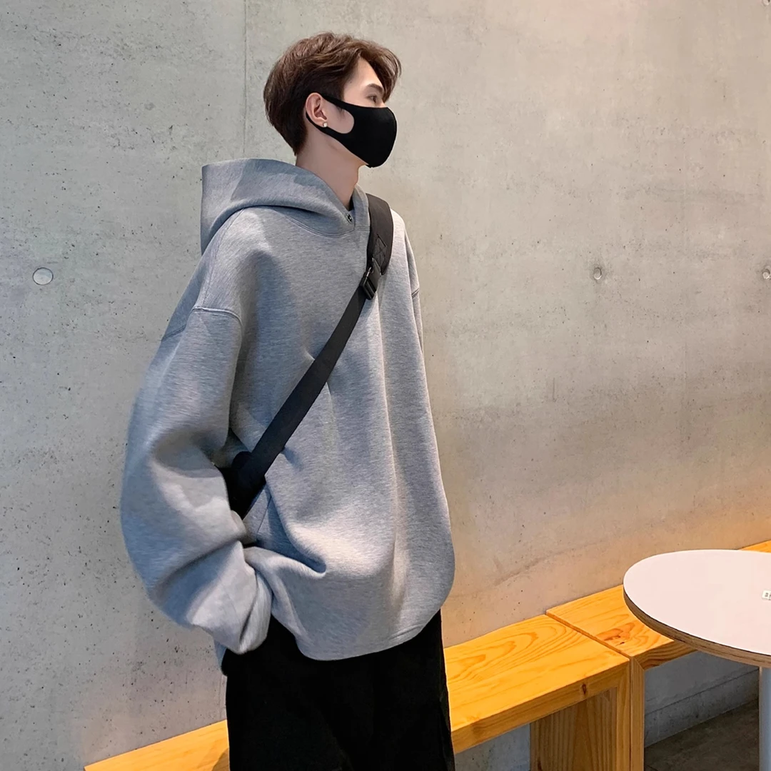 灰色卫衣男连帽春秋款宽松大领口外套秋季潮牌美式重磅高克重衣服