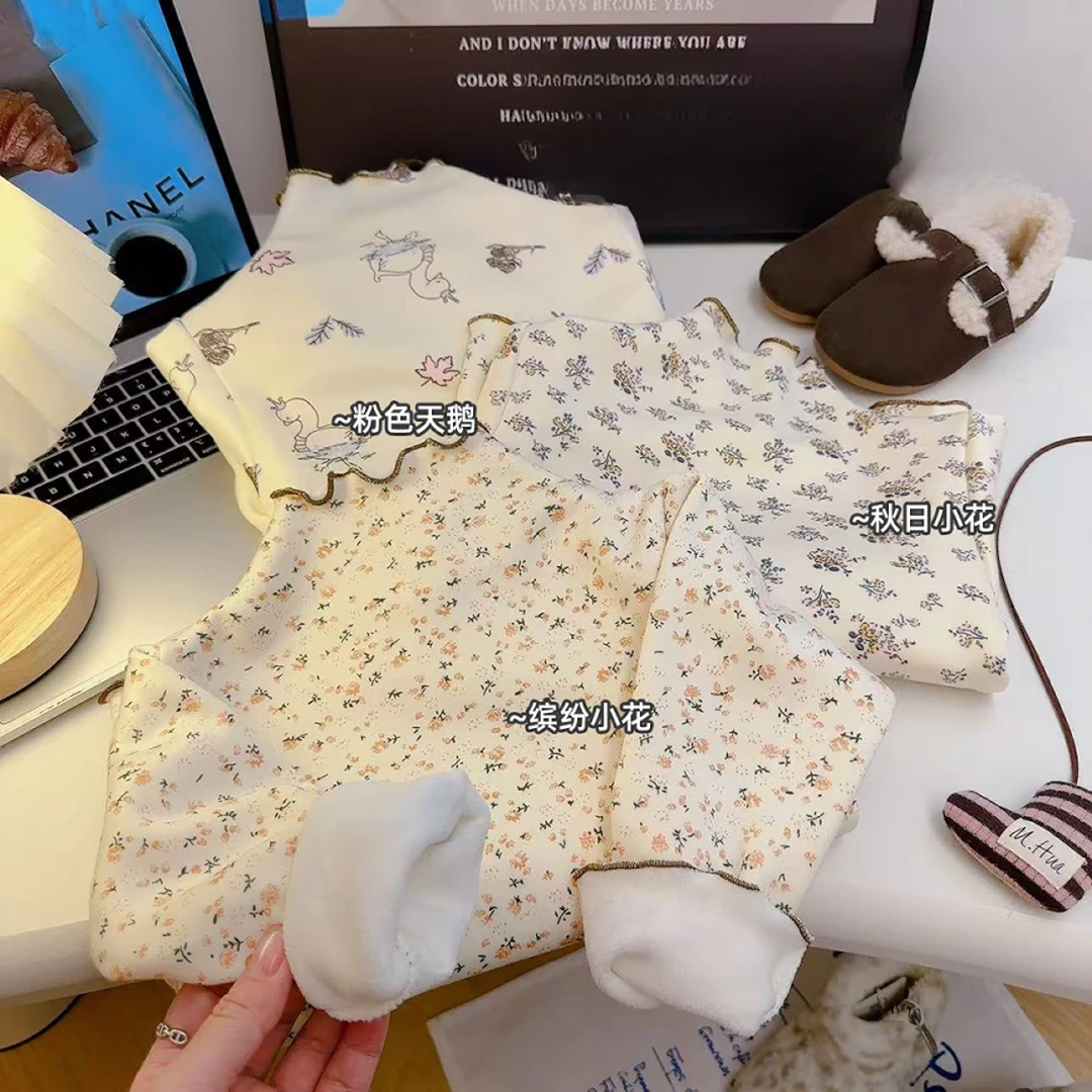 2024秋冬新款女童花边加绒加厚打底衫宝宝碎花内搭高弹保暖上衣