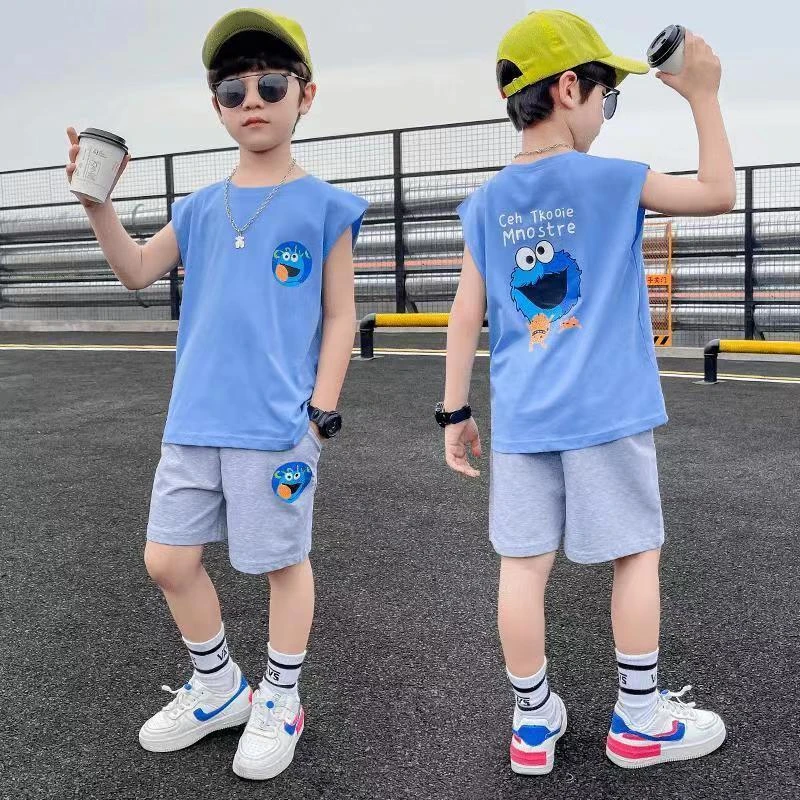 儿童夏装套装洋气中大童儿童装男童背心两件套无袖T恤宽松版