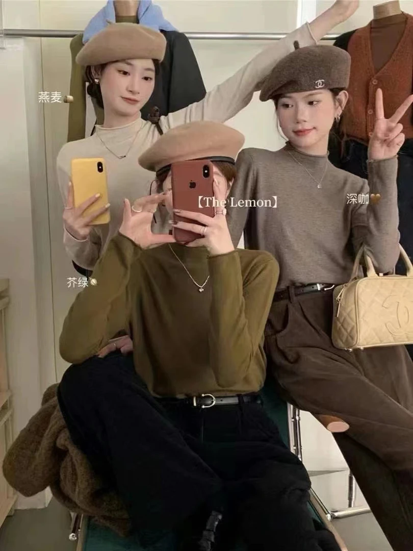 秋季新款时尚百搭正肩半高领磨毛T恤打底衫