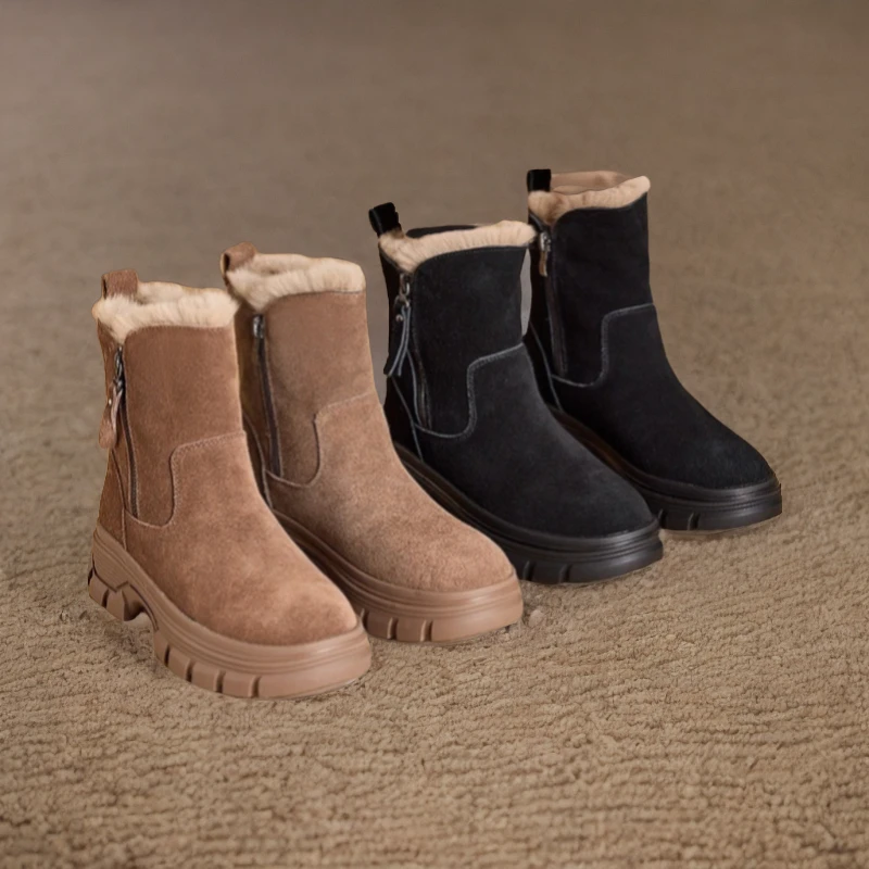 红蜻蜓牌雪地靴牛皮新款秋冬保暖厚底保暖休闲加绒加厚棉靴真皮/c