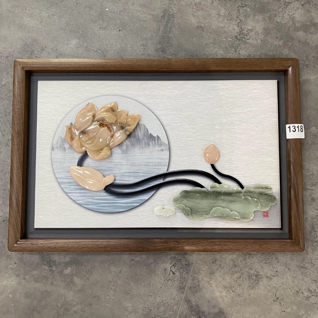 40*60荷花 长形（1318）实木双框玉雕画中式品牌展示精品物品