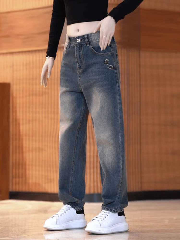 秋季新款复古韩版刺绣时尚宽松哈伦微锥小直筒男士牛仔裤男生裤子