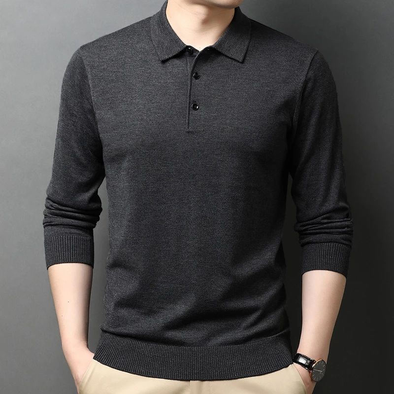 2023男士翻领长袖中年纯色polo衫休闲春秋季百搭时尚衬衫领