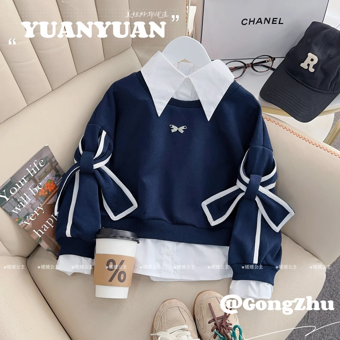 媛媛公主FL媛2024秋女童萌娃假两件衬衫领蝴蝶结卫衣14303S234