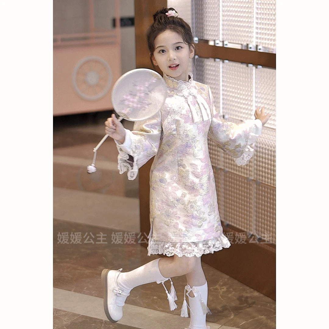 媛媛公主【格格吉祥】2025秋季女童国风刺花盘扣连衣裙14361S120