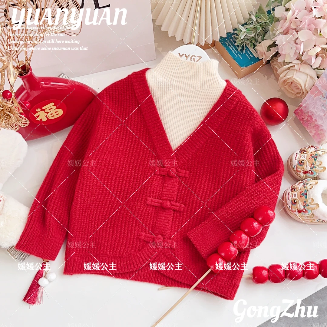 媛媛公主2023冬女童中大童亲子假两件喜庆毛衣64414A031