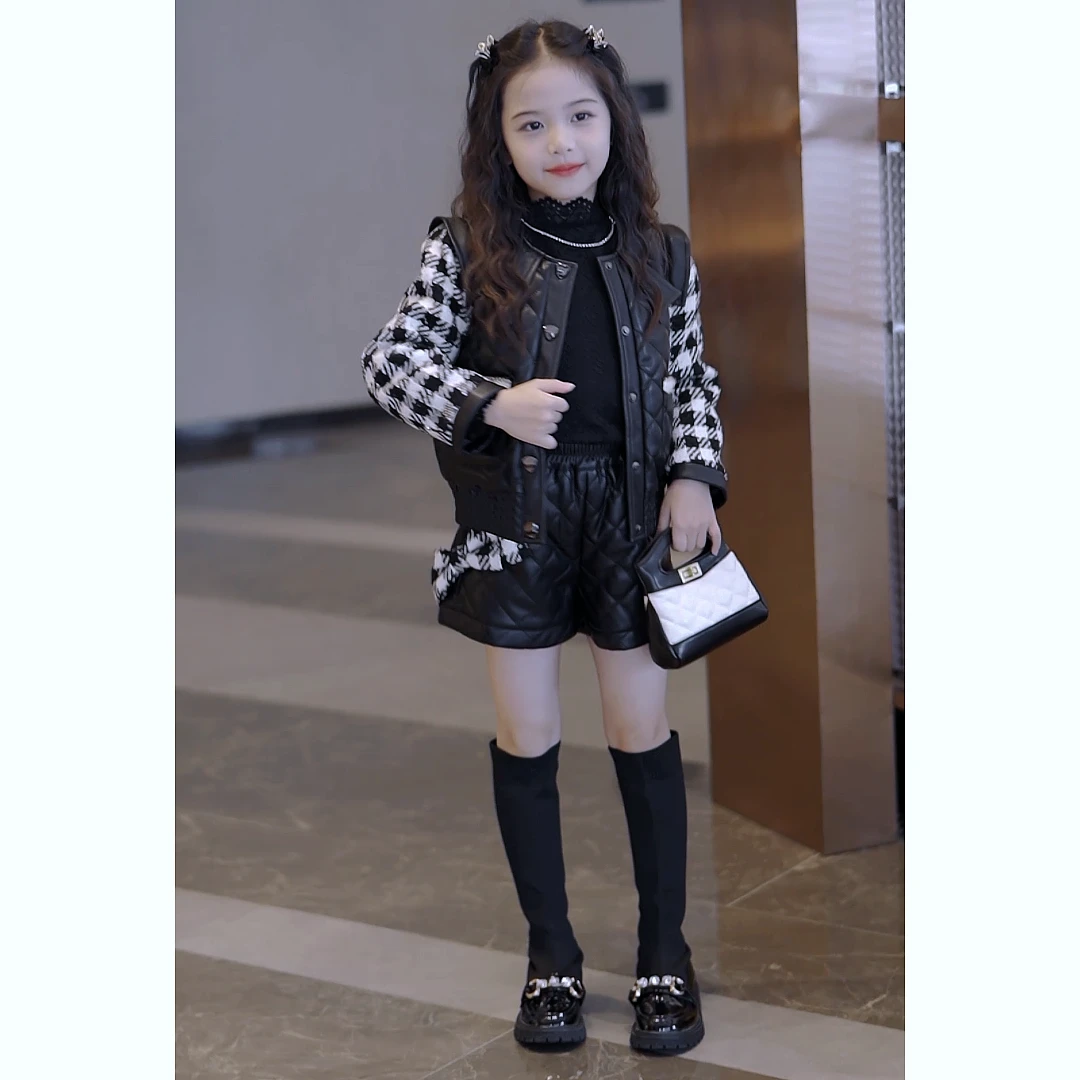 媛媛公主2023冬季女童中大童高级感格子棉衣外套套装13408R256