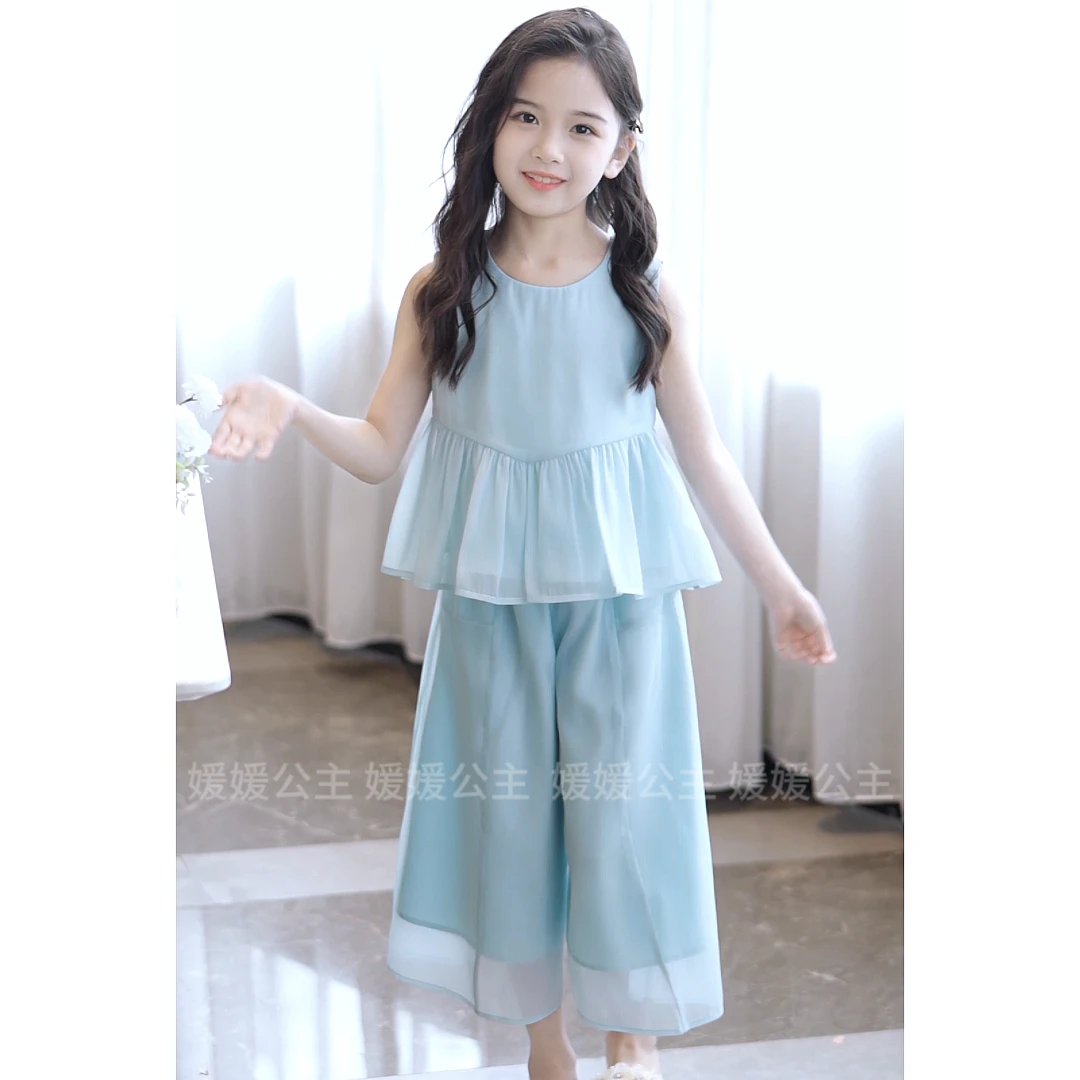 媛媛公主【冰川蓝】2024夏季女童中大童清爽九分裤套装14250B132