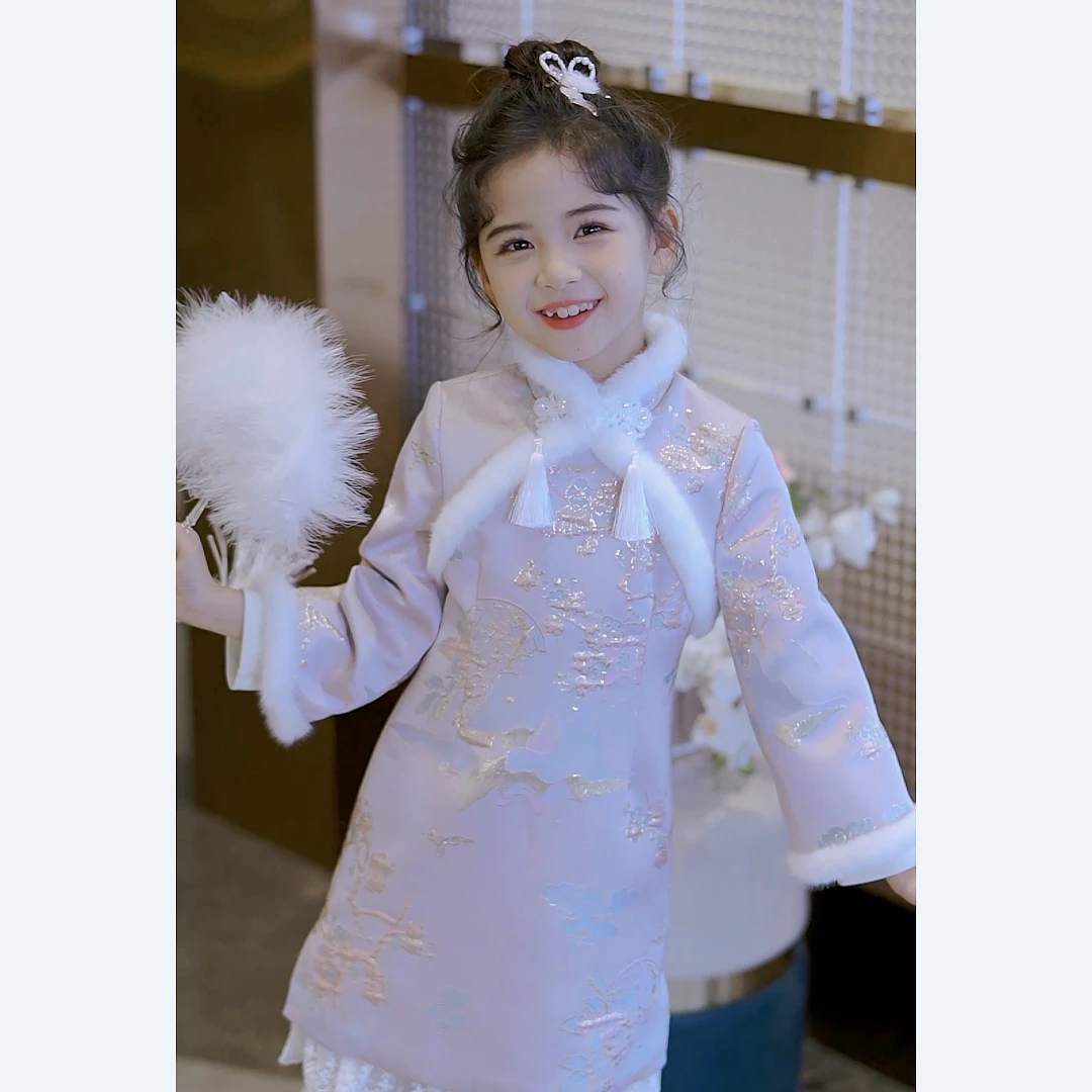 媛媛公主2023冬【窈窕淑女】加绒国风盘扣毛毛边连衣裙63461T928