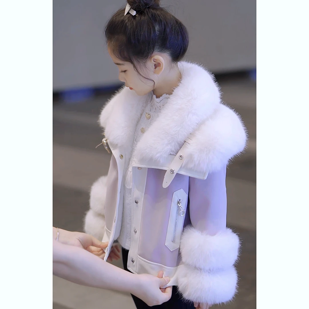 媛媛公主秋冬女童公主时尚加厚儿童毛毛机车皮衣外套63408T754