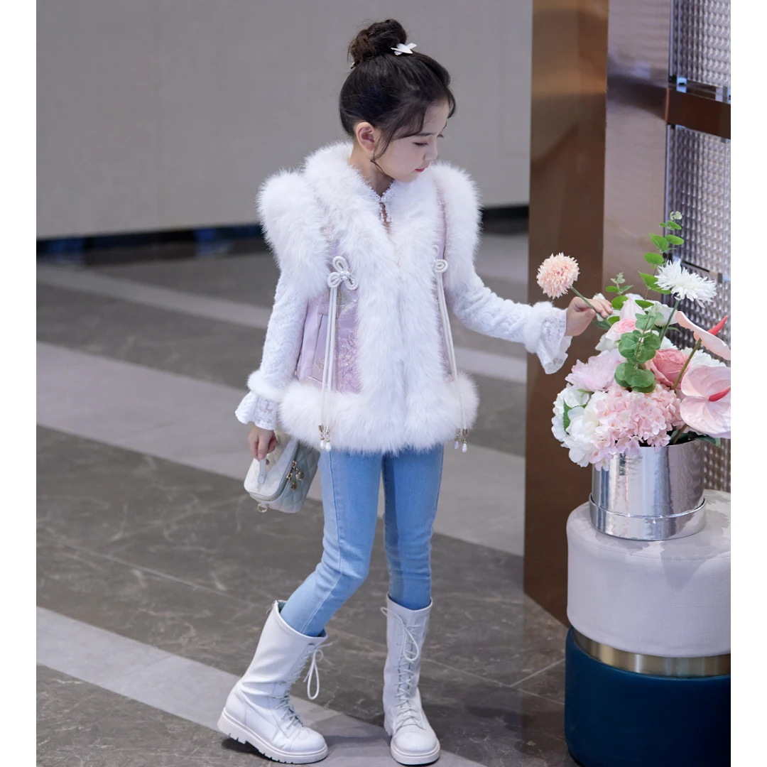 媛媛公主2023冬季女童中大童国风拼接毛毛马甲63411T821