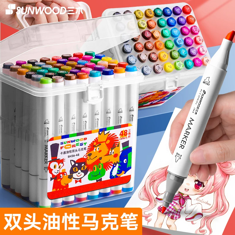 Sunwood/三木专业油性马克笔速干粗头勾线三角杆双头儿童绘画