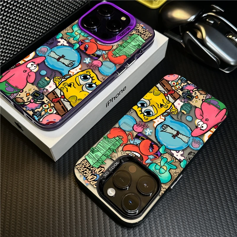 海绵宝宝涂鸦适用苹果16promax手机壳15防摔iPhone14保护套创意17