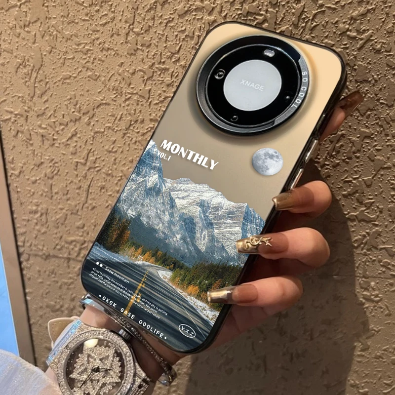 月下雪山风景适用华为mate60手机壳pura70pro+苹果15防摔男磨砂套