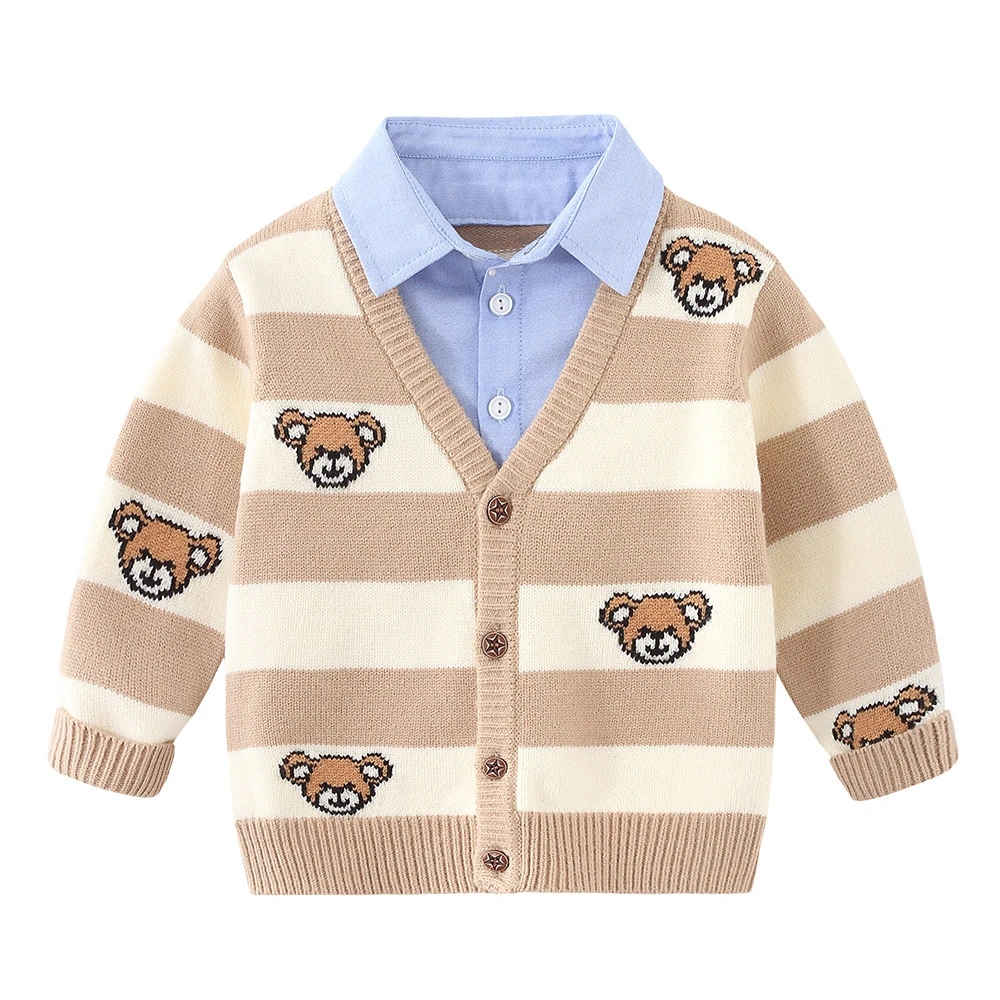 男童毛衣开衫长袖外套春季新款儿童假两件衬衣领毛线衣