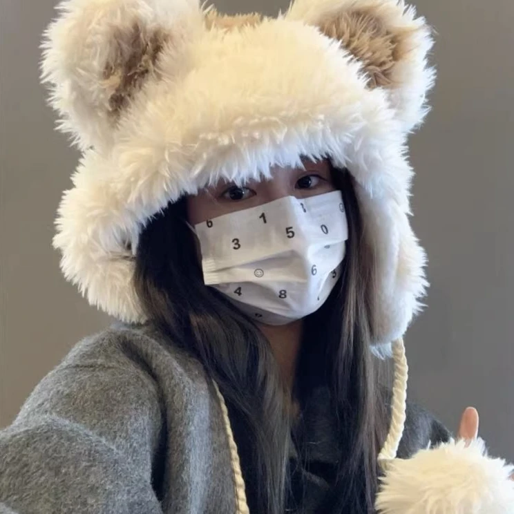 可爱小熊帽子女加厚毛绒绒冬季护耳套头帽显脸小保暖雷锋帽学生潮