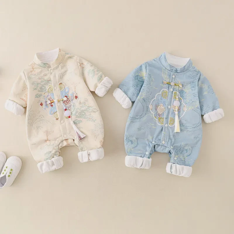 婴儿春秋国风双胞胎宝宝汉服满月百天宴周岁礼服新生儿秋装连体衣