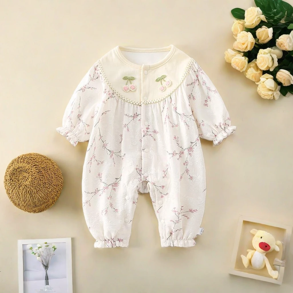 婴儿衣服女宝宝春装连体衣长袖双层外套洋气新生儿春秋季外出