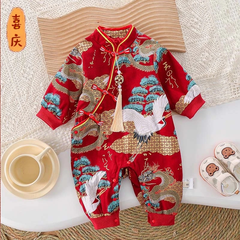 婴儿红色喜庆汉服新生儿春装满月百天一周岁宝宝中国风抓周礼服秋